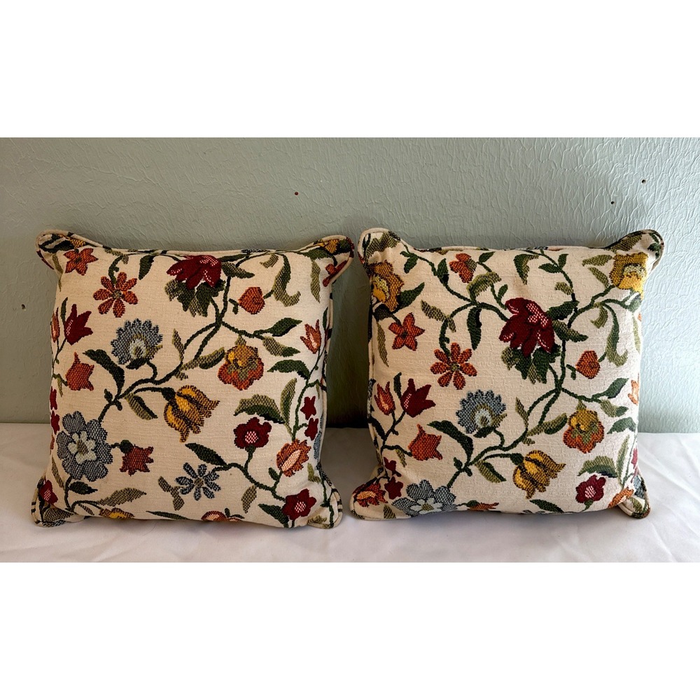 2 Vintage Mid Century Small Decorative Pillows Jacobean Indienne Floral 14 In X
